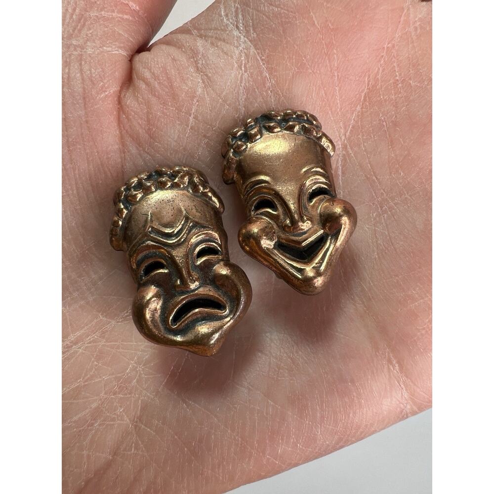 Vintage 1950's RENOIR Copper Theater Drama Masks Bracelet & Clip On Earrings - Picture 6 of 9